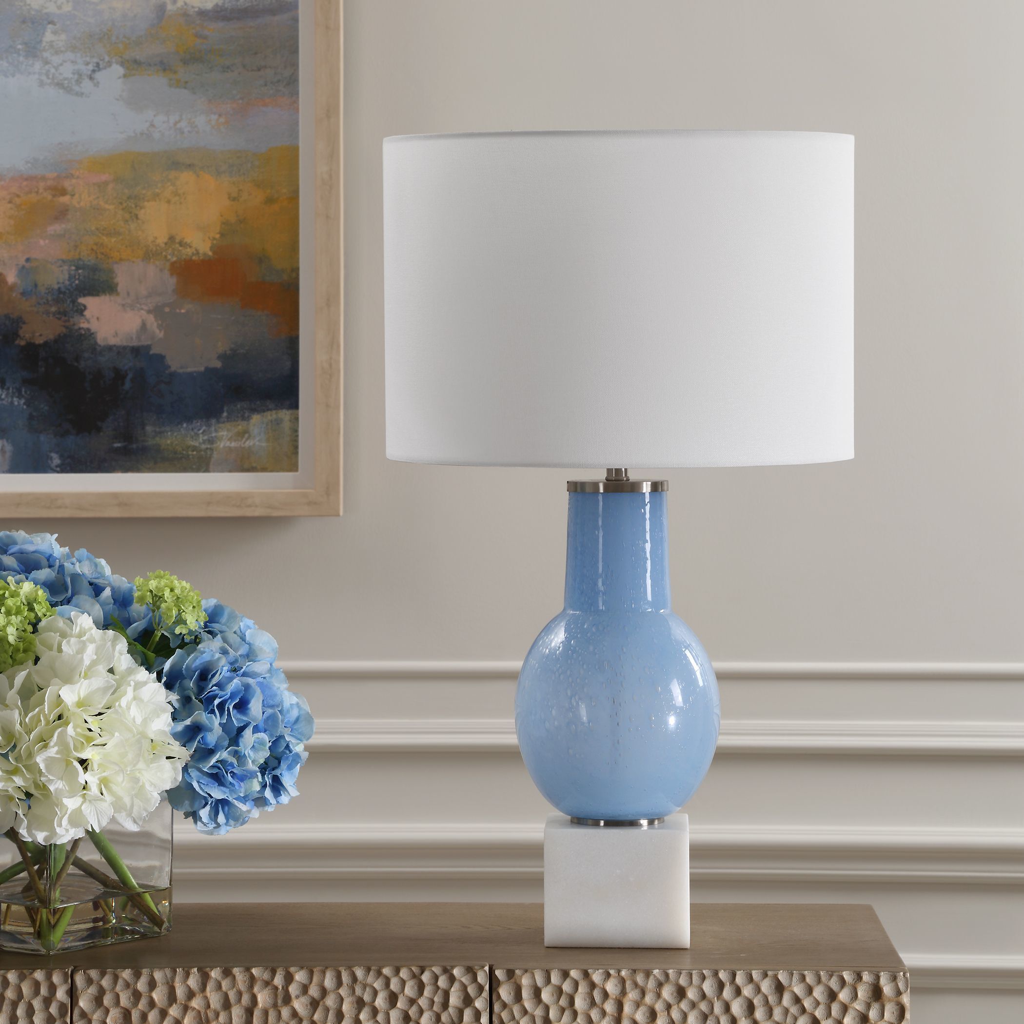 Clear Sky 28 inch 150.00 watt Sky Blue Seeded Glass with Marble Foot and Brushed Nickel Table Lamp Portable Light
