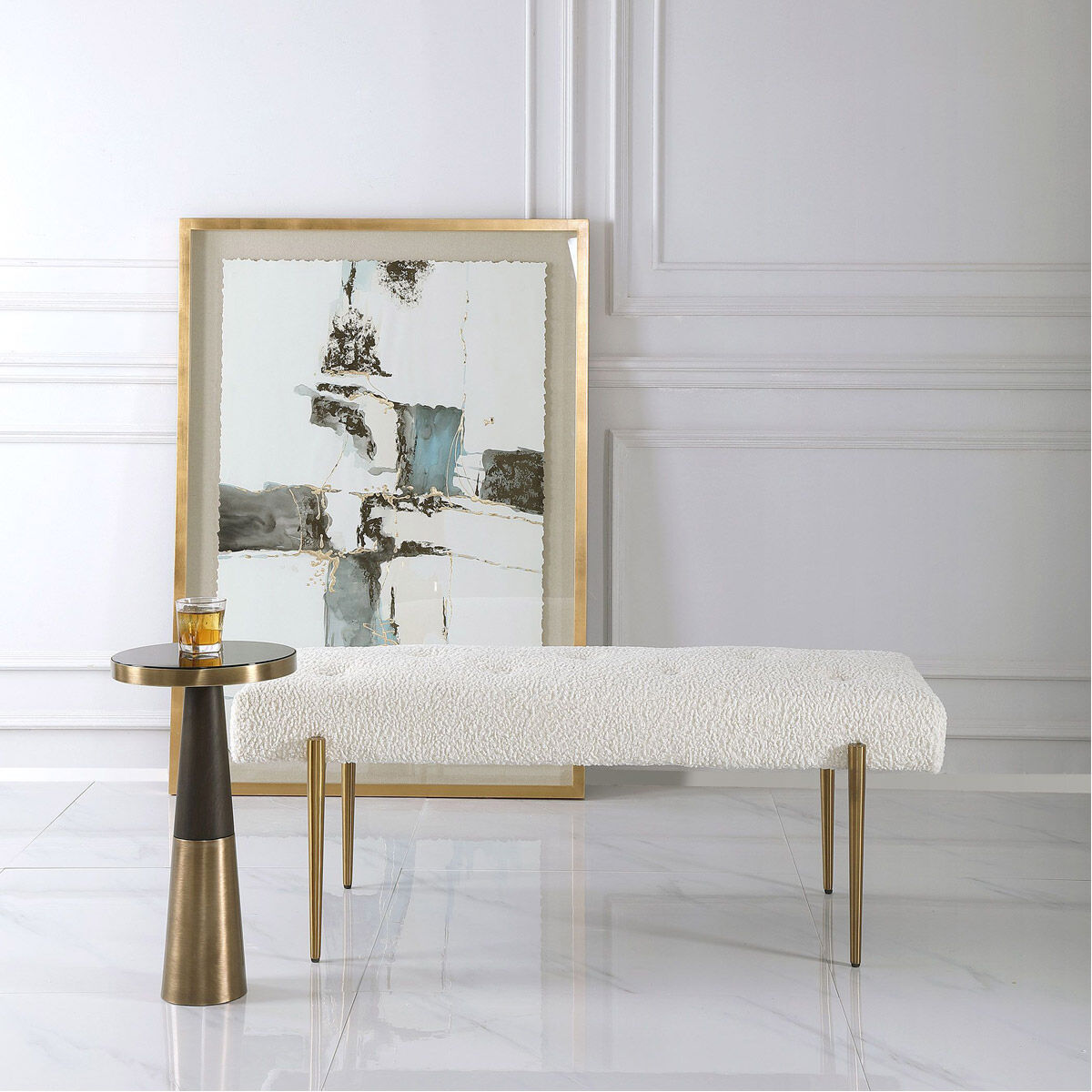 Olivier White Faux Shearling and Antique Brushed Brass Bench