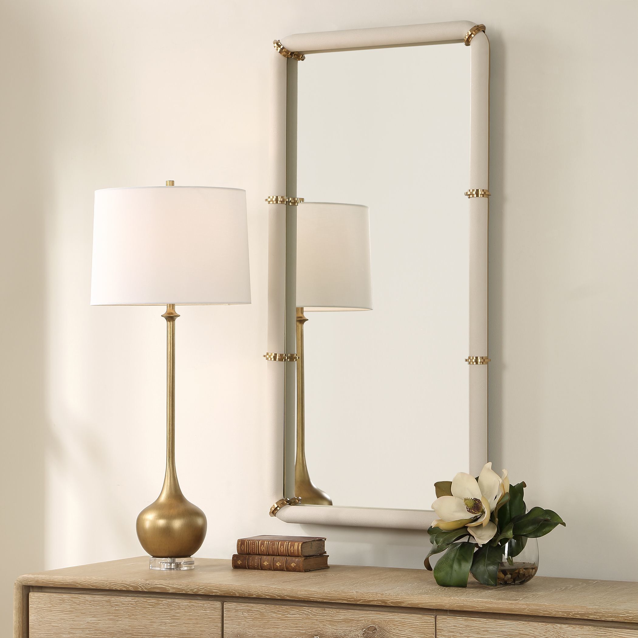 Cyprus 44 X 22 inch White Faux Shagreen Leather and Brass Mirror