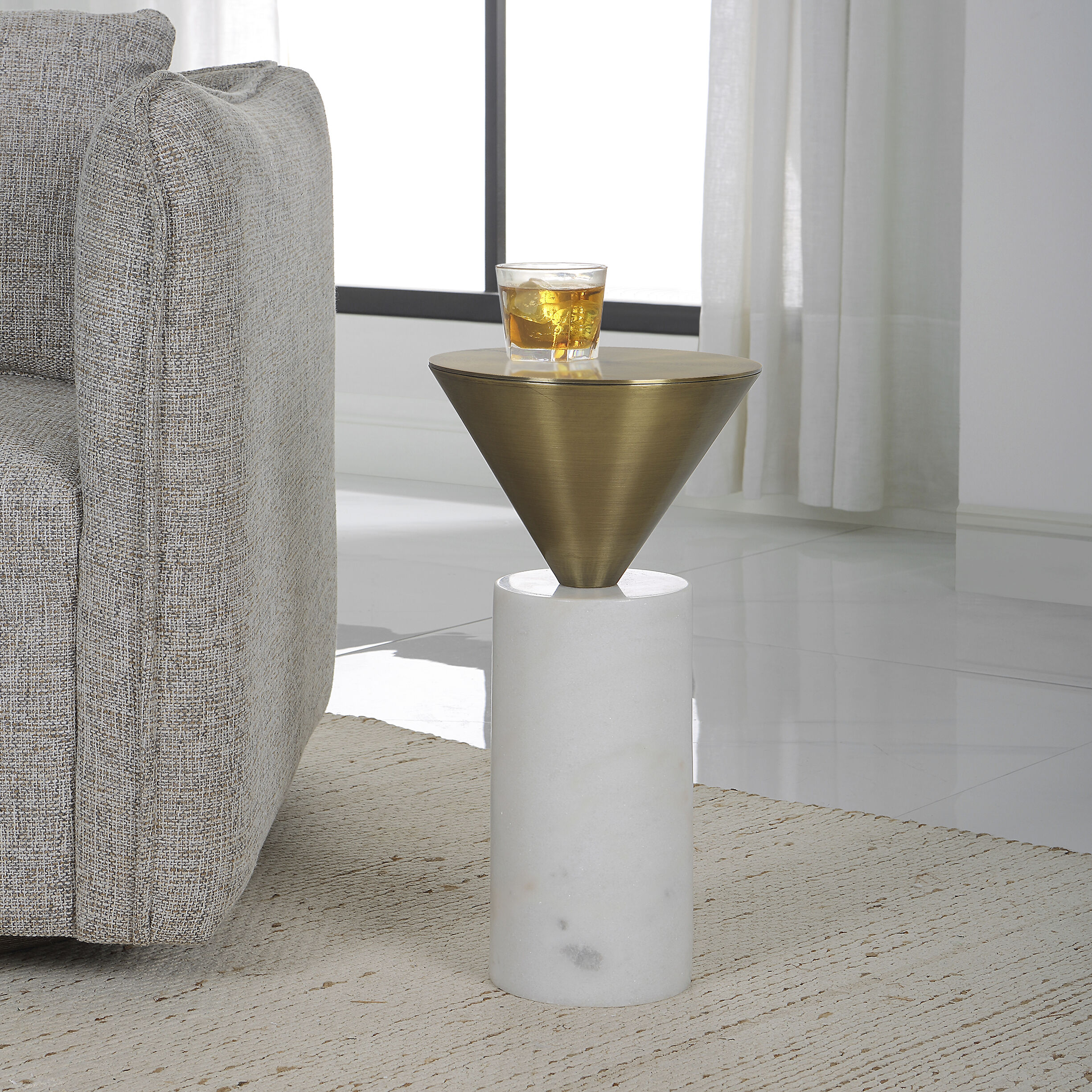 Top Hat 20 X 9 inch White Marble and Brushed Brass Drink Table
