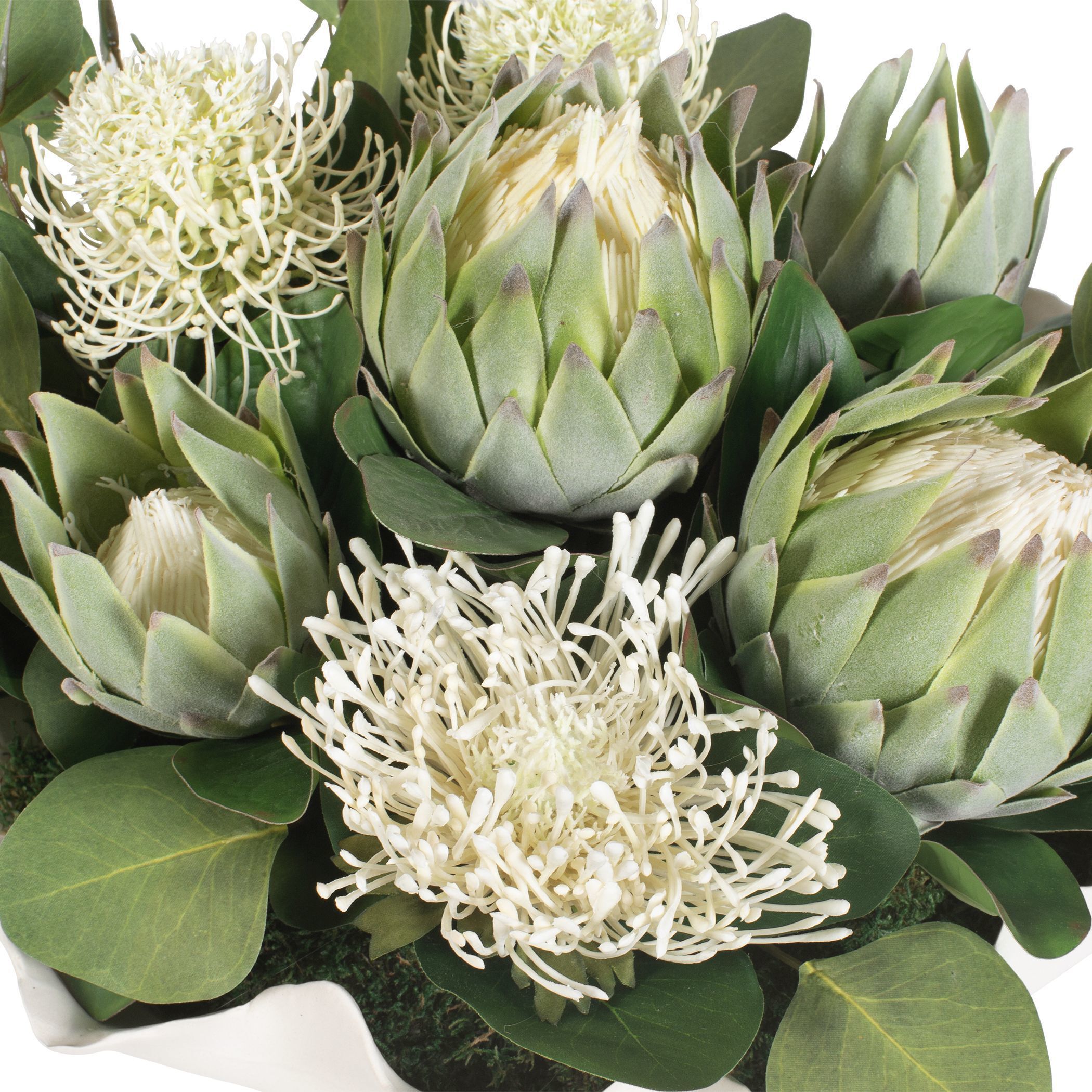 Protea Blooms Off-White and Green Bowl Centerpiece