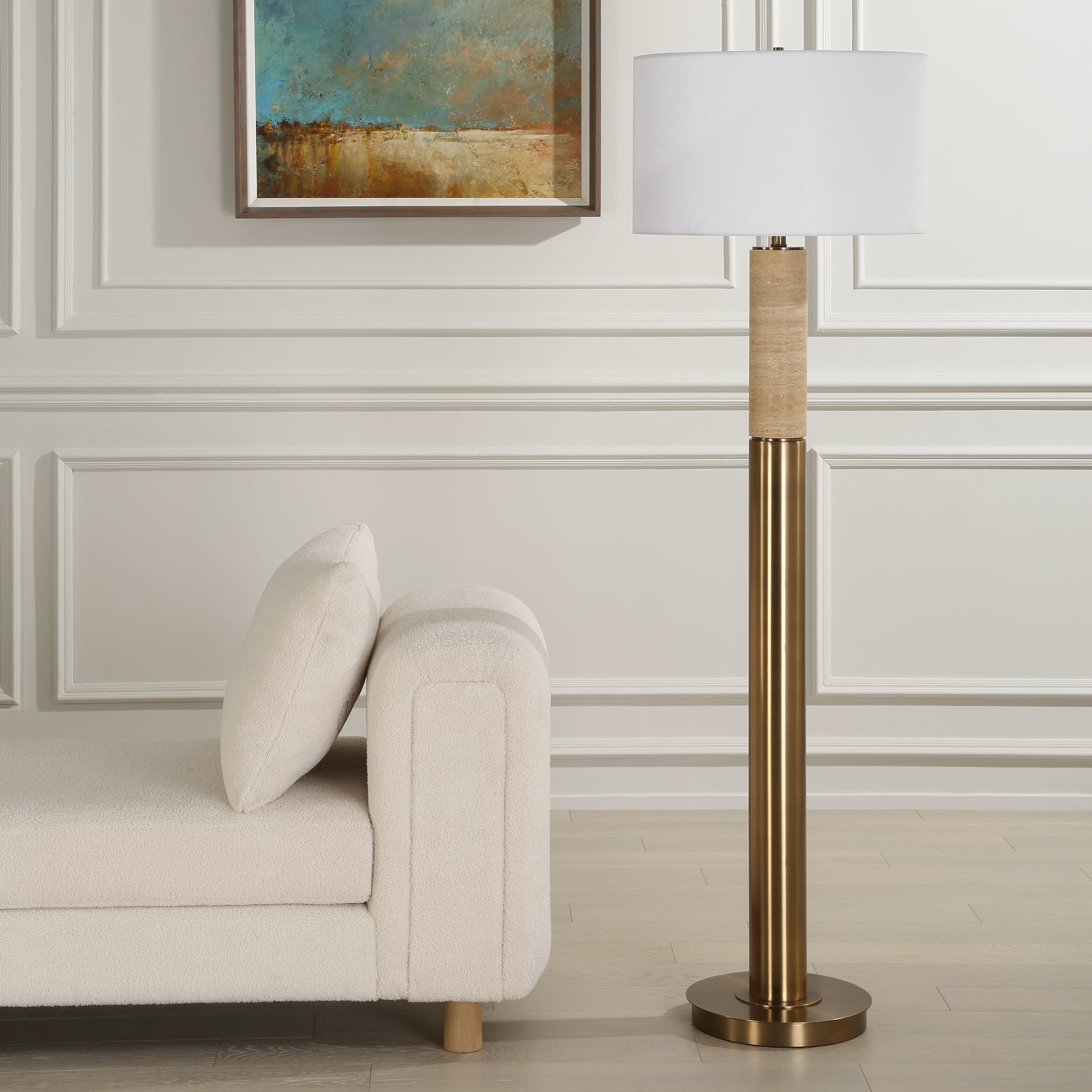 Knox 66 inch 150.00 watt Travertine and Antique Brass Floor Lamp Portable Light