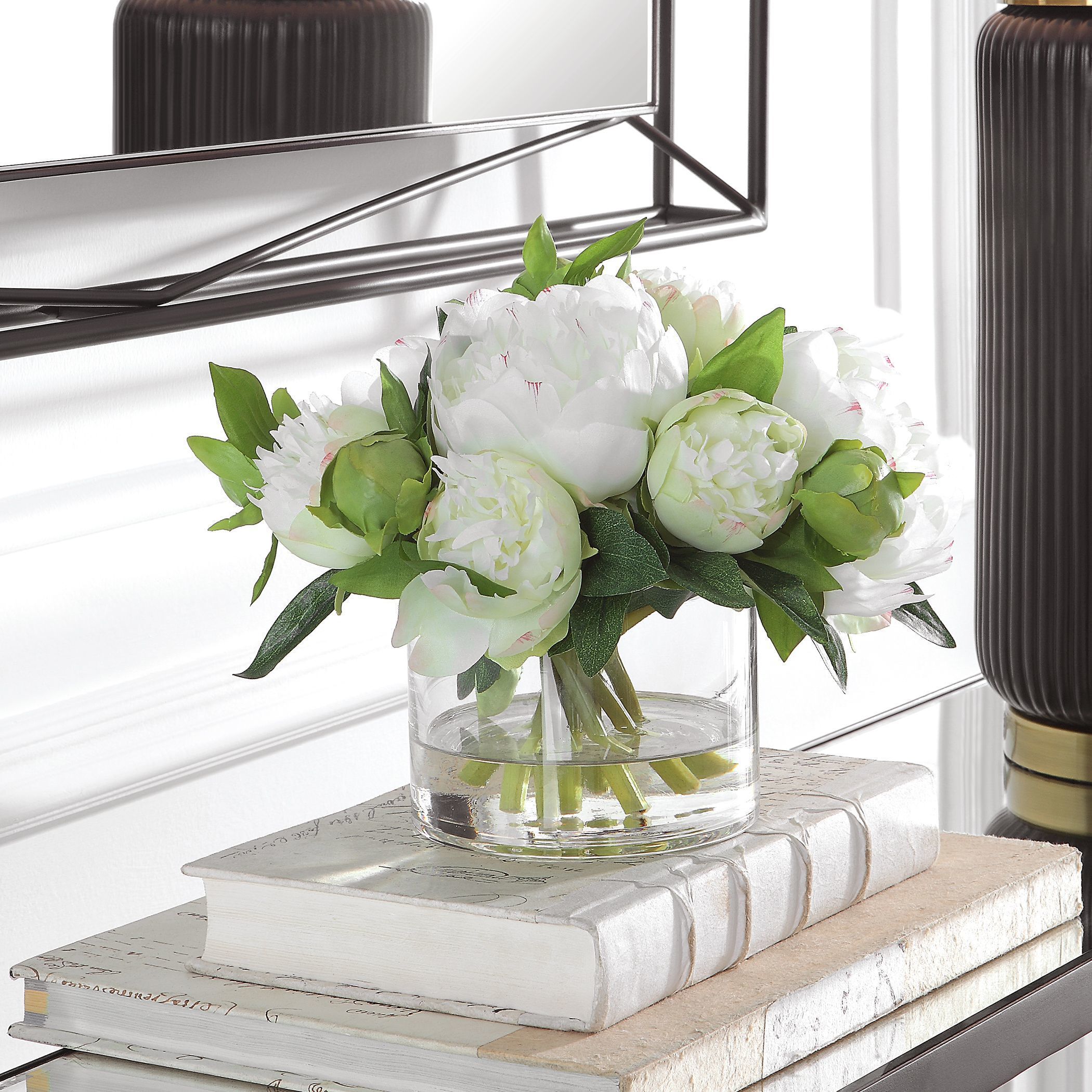 Garden Peony White and Green with Clear Glass Bouquet