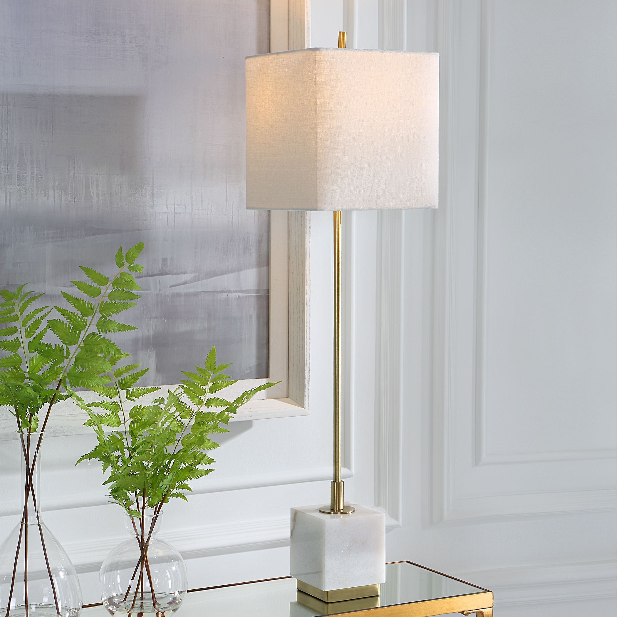 Escort 37 inch 100.00 watt Brushed Brass and White Marble Buffet Lamp Portable Light