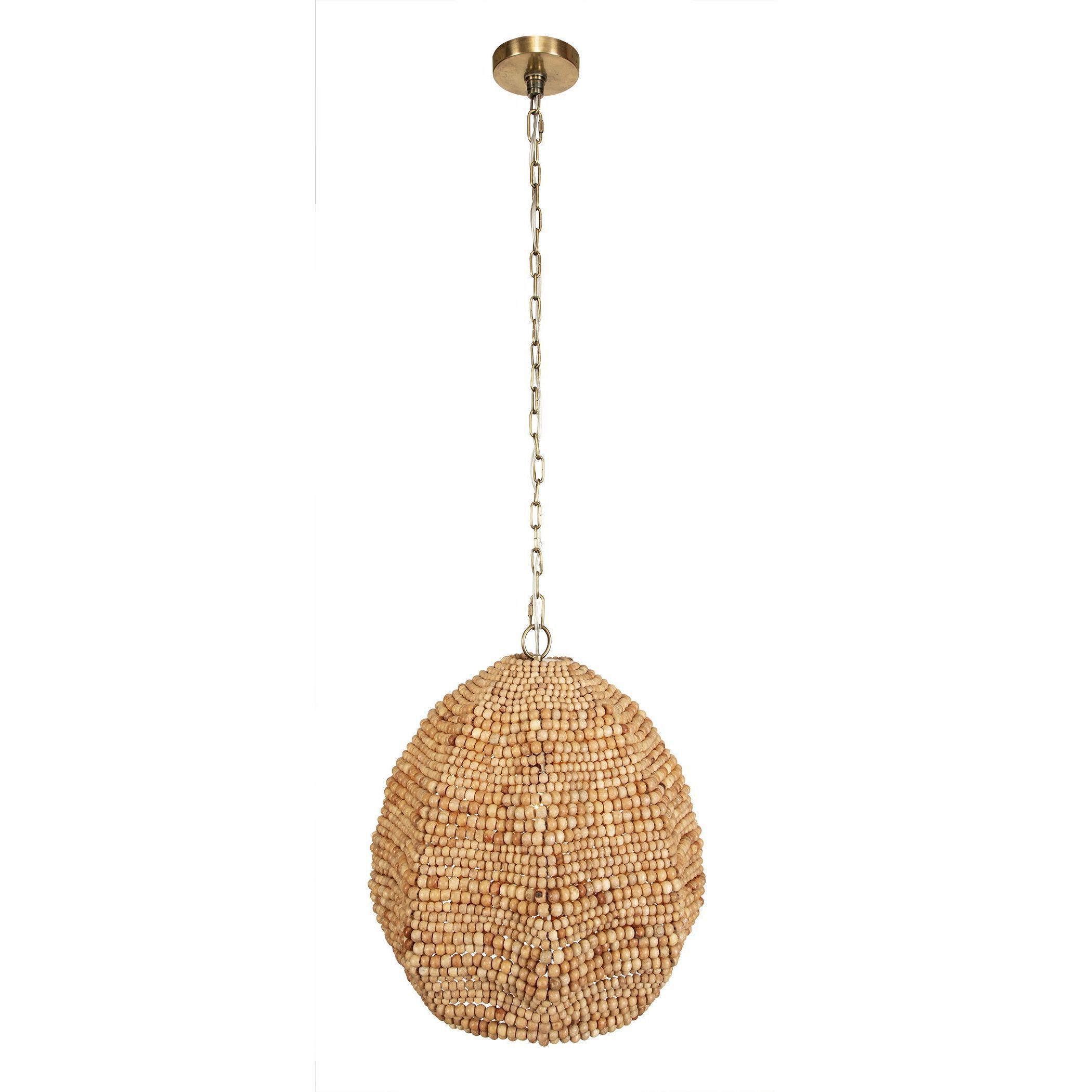 Kauri 1 Light 18 inch Natural Wooden Beads and Antique Brass Pendant Ceiling Light