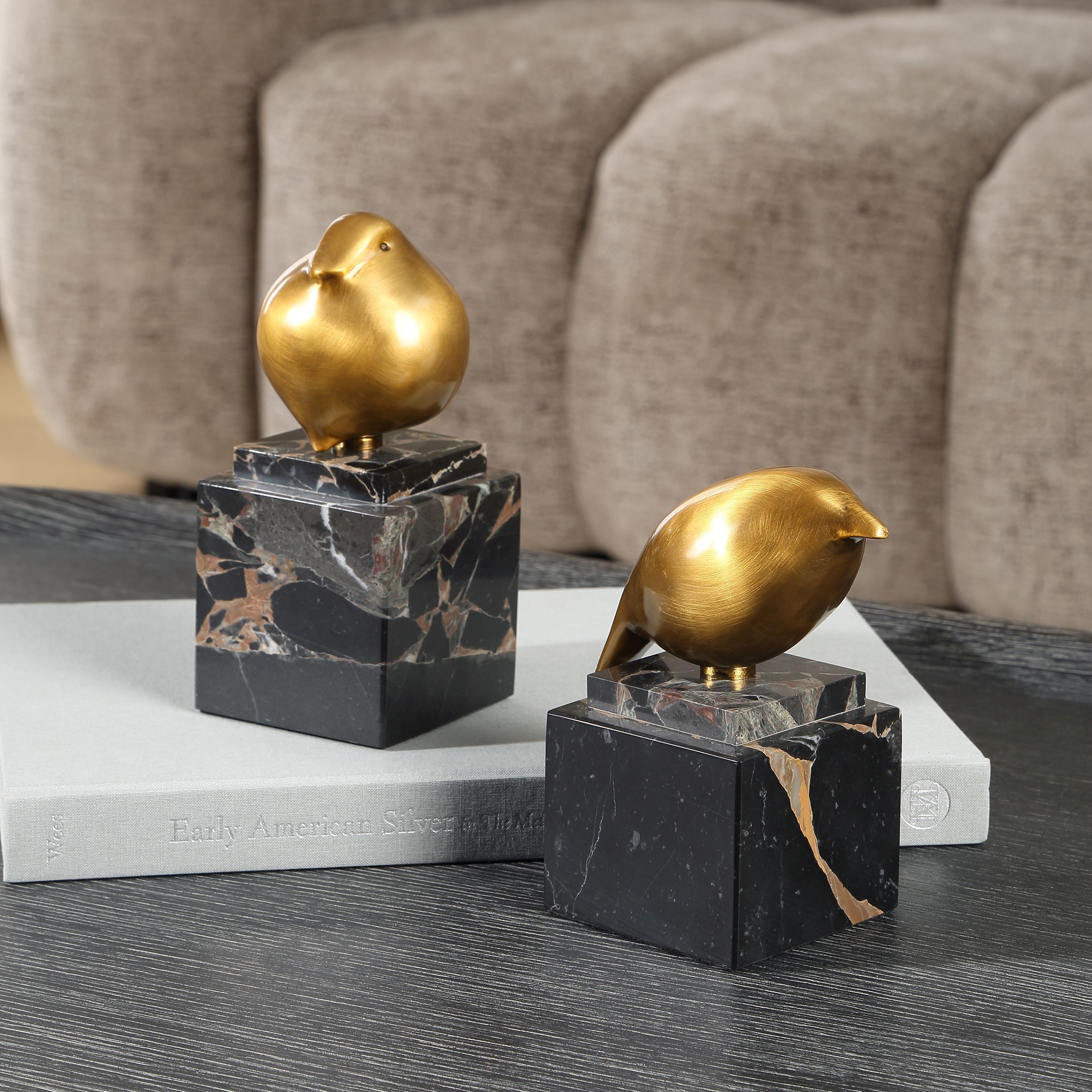 Golden Finch Brass and Black Marble Bird Figurines, Set of 2