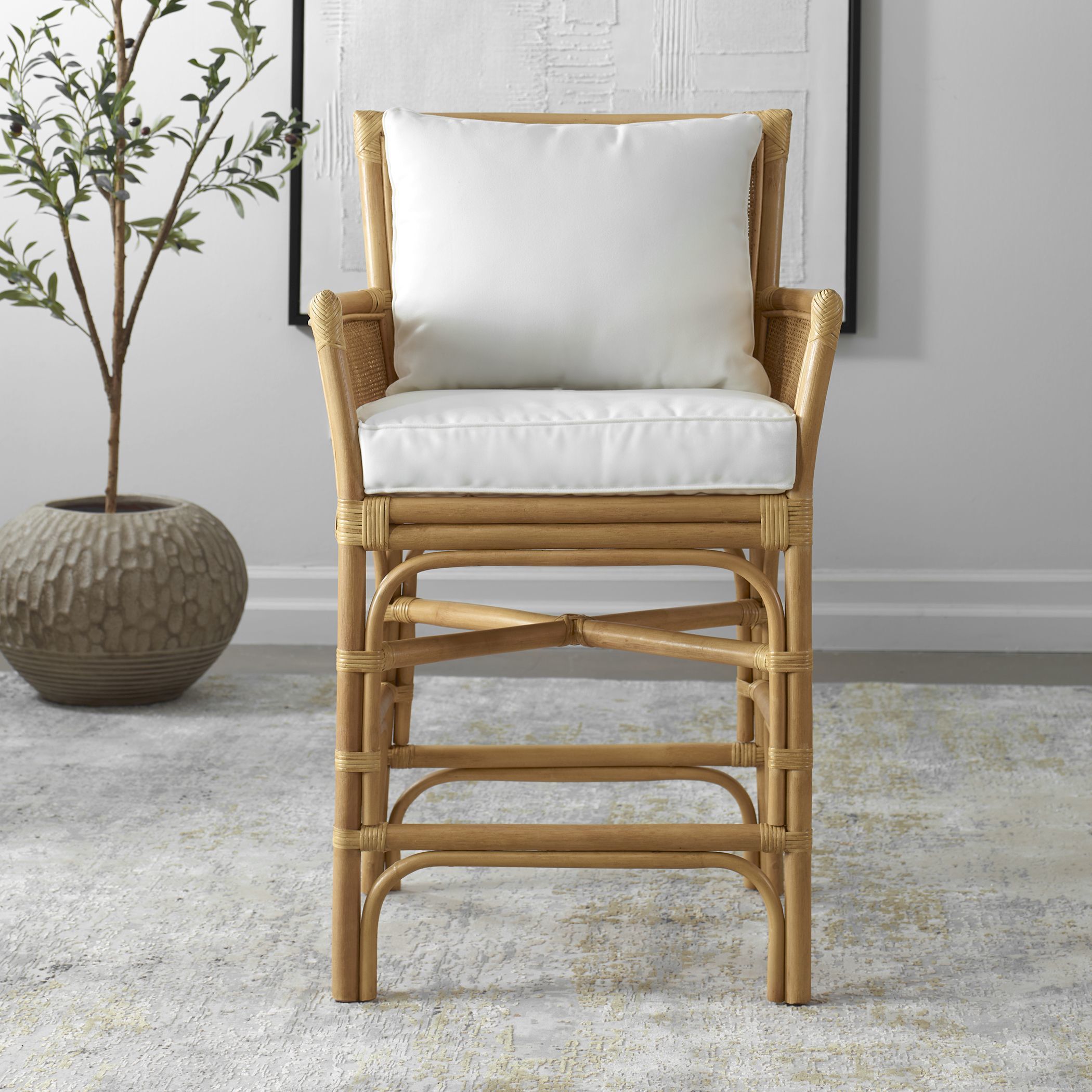 Pacific 39.5 inch White and Natural Rattan Counter Stool