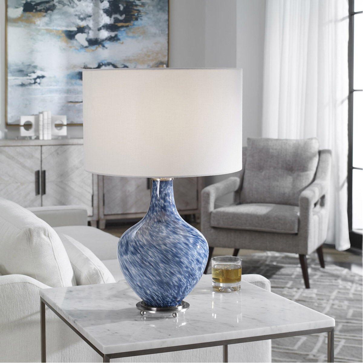 Cove 25 inch 150.00 watt Cobalt Blue and White with Brushed Nickel Table Lamp Portable Light