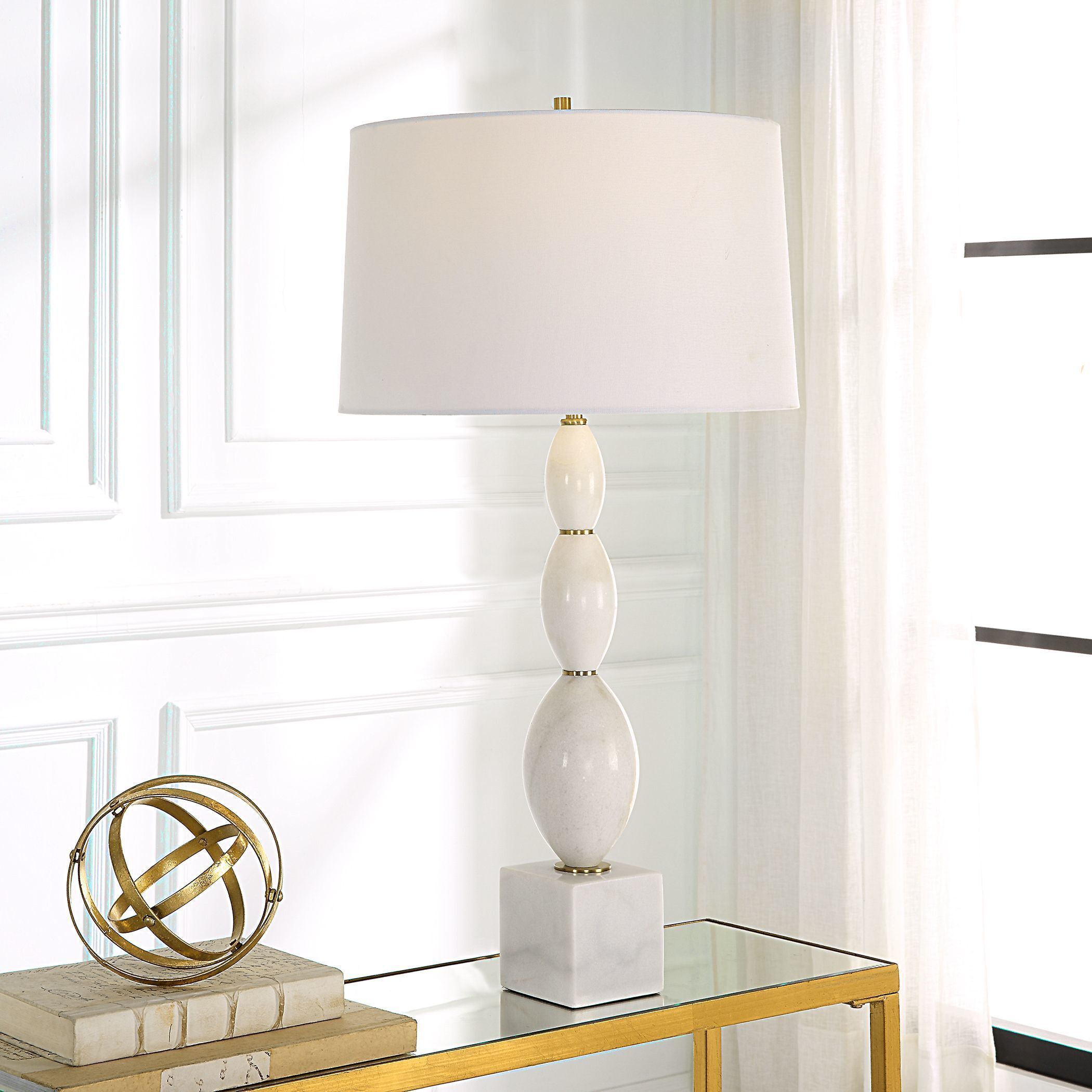 Regalia 31.25 inch 150 watt White Marble and Antique Brushed Brass Table Lamp Portable Light
