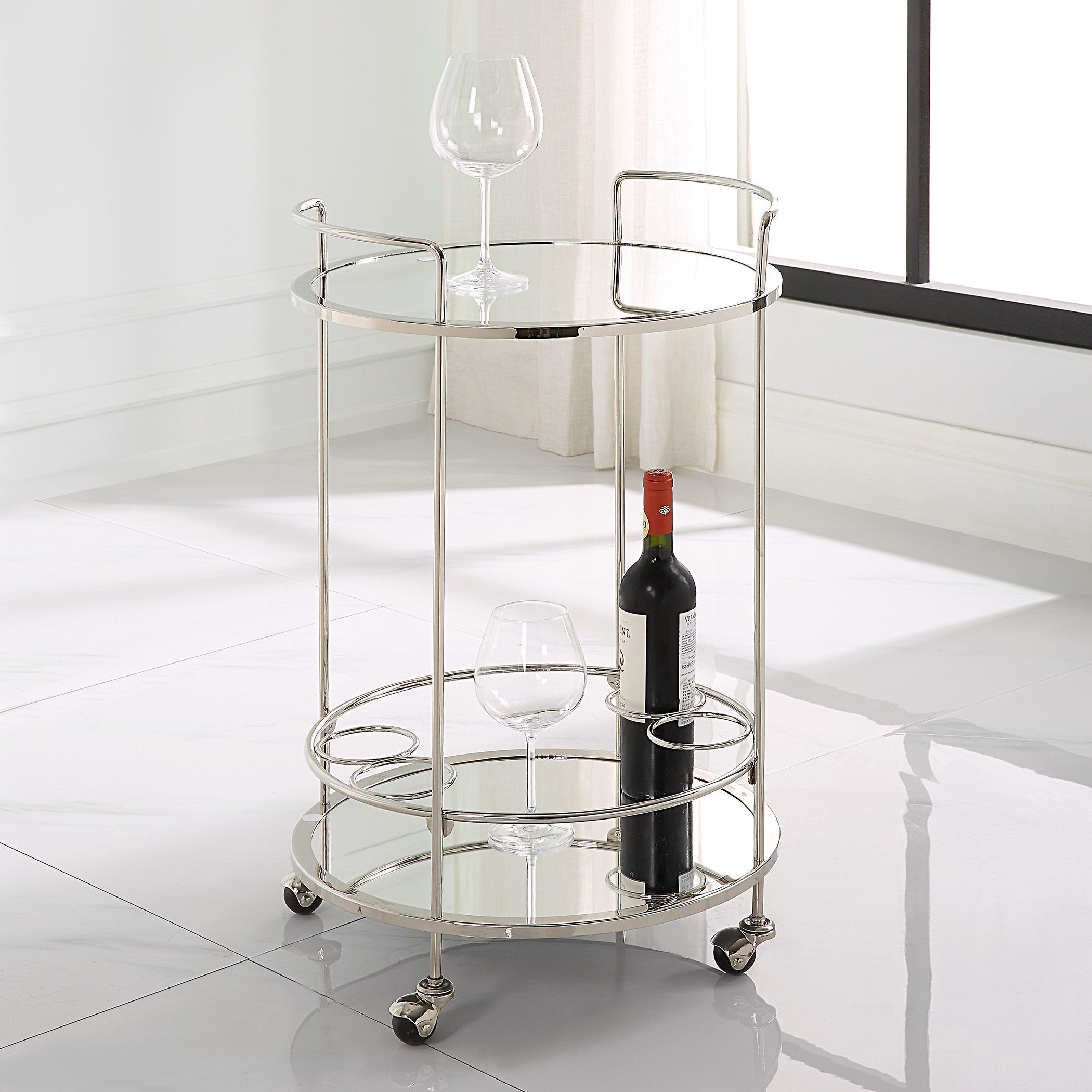 Spritz Polished Chrome and Mirror Bar Cart