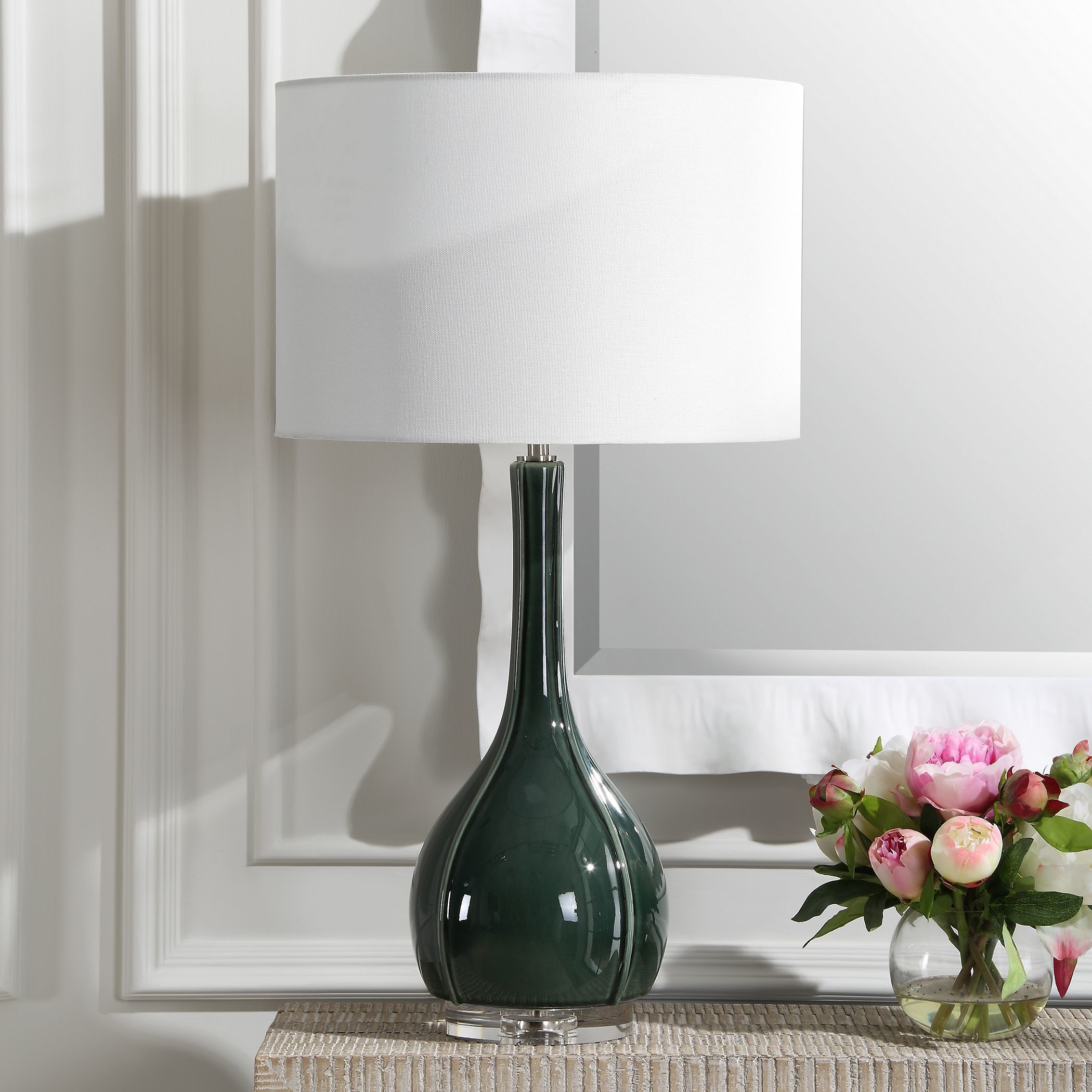 Essex 27.25 inch 150.00 watt Hunter Green Crackled Glaze with Brushed Nickel and Crystal Table Lamp Portable Light