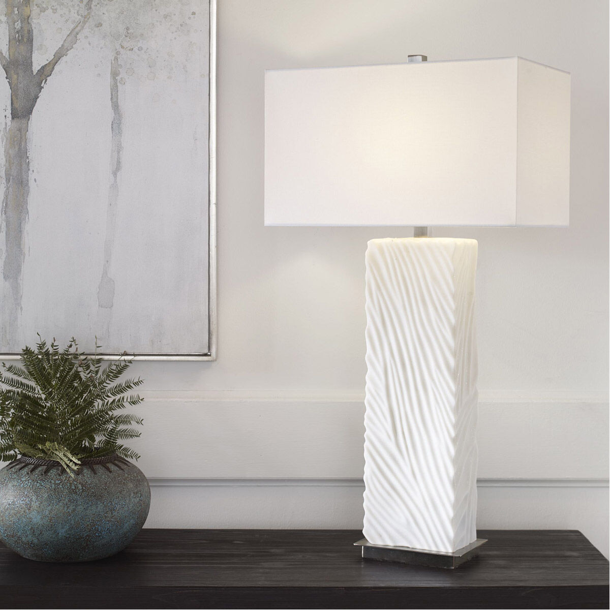 Pillar 32 inch 150.00 watt Granulated White Marble and Brushed Nickel Table Lamp Portable Light
