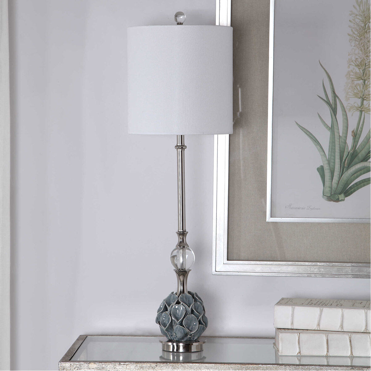 Elody 32 inch 150 watt Blue Gray Glaze with Crystal and Polished Nickel Buffet Lamp Portable Light