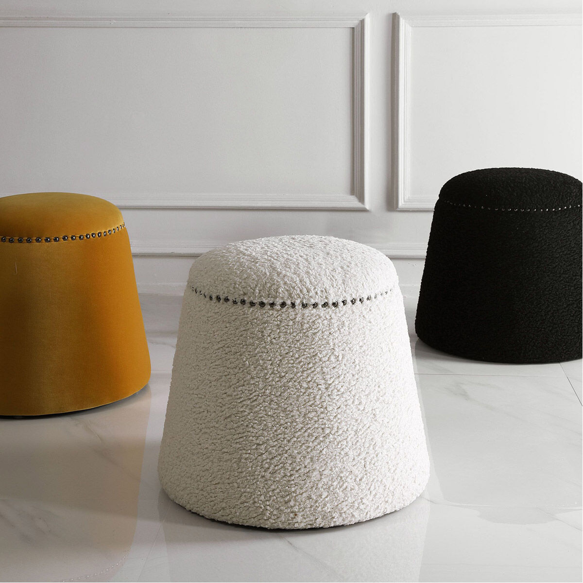 Gumdrop 17 inch Faux White Shearling and Black Nickel Ottoman