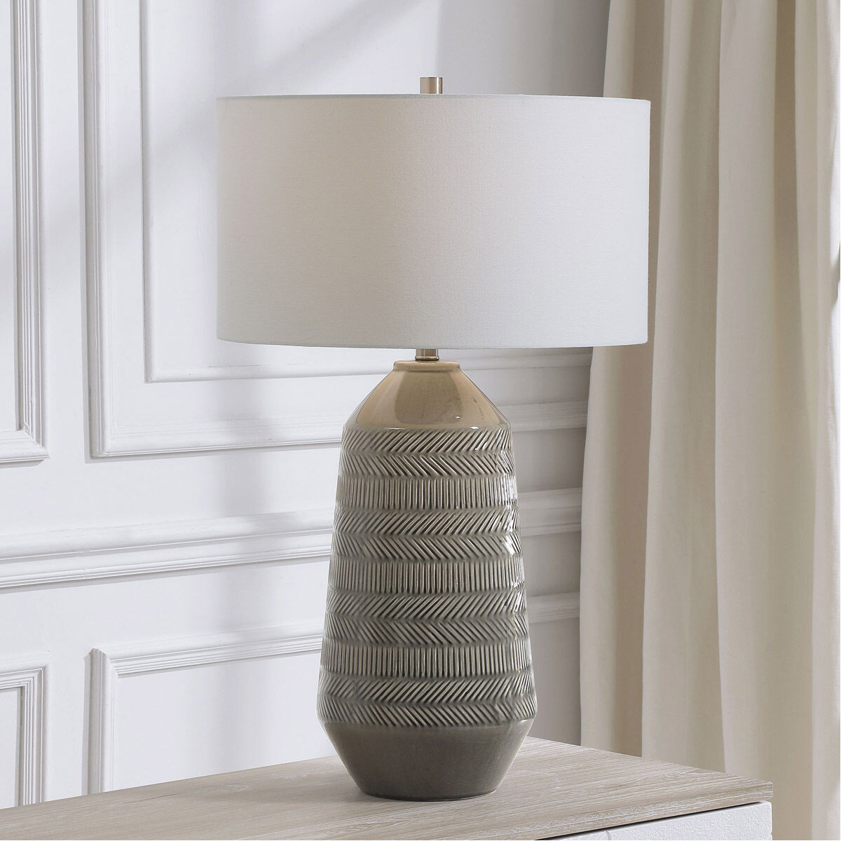 Rewind 32 inch 150.00 watt Soft Gray Glaze with Brushed Nickel Accents Table Lamp Portable Light