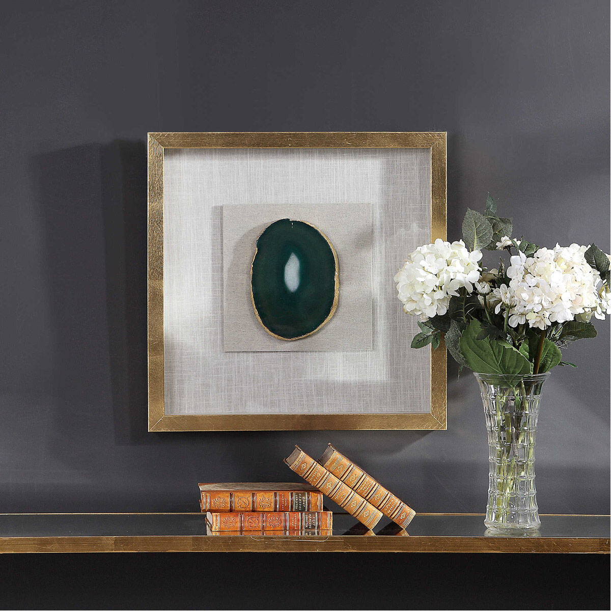 Keeva Emerald Green Agate Stone and Gold Leaf Shadow Box