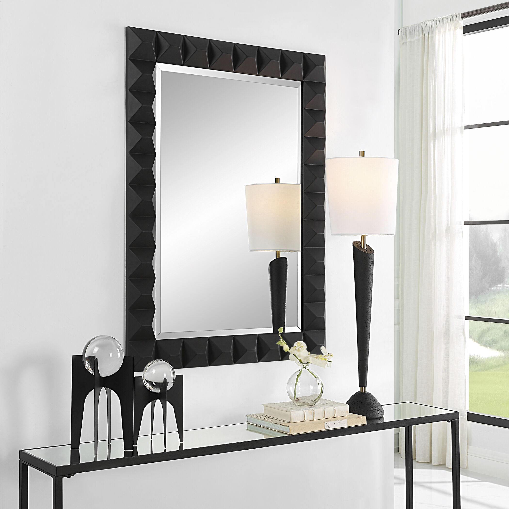 Studded 43.25 X 31.75 inch Matte Black Mirror