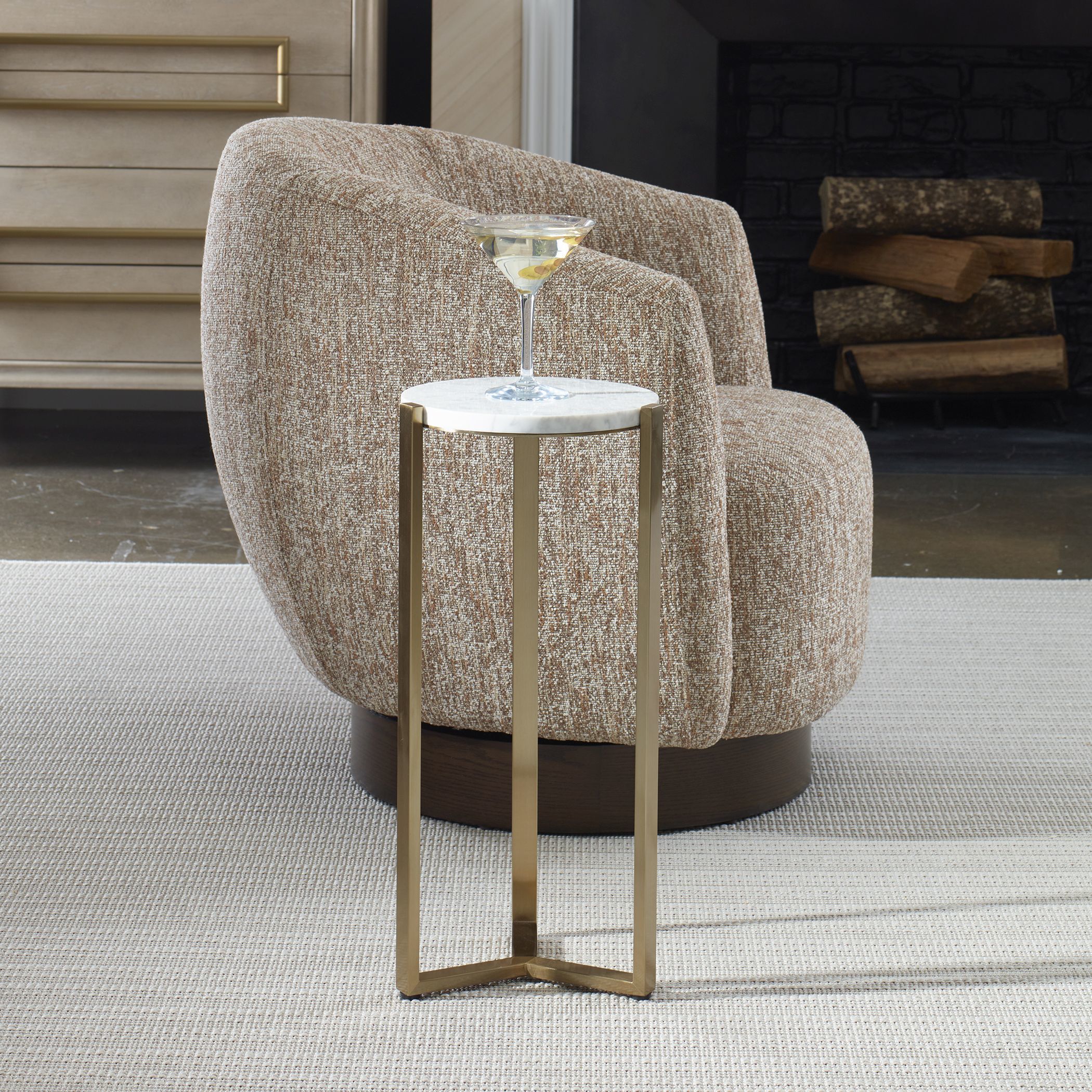 Pietra 23 X 10.63 inch Antique Brass and Carrara Marble Drink Table