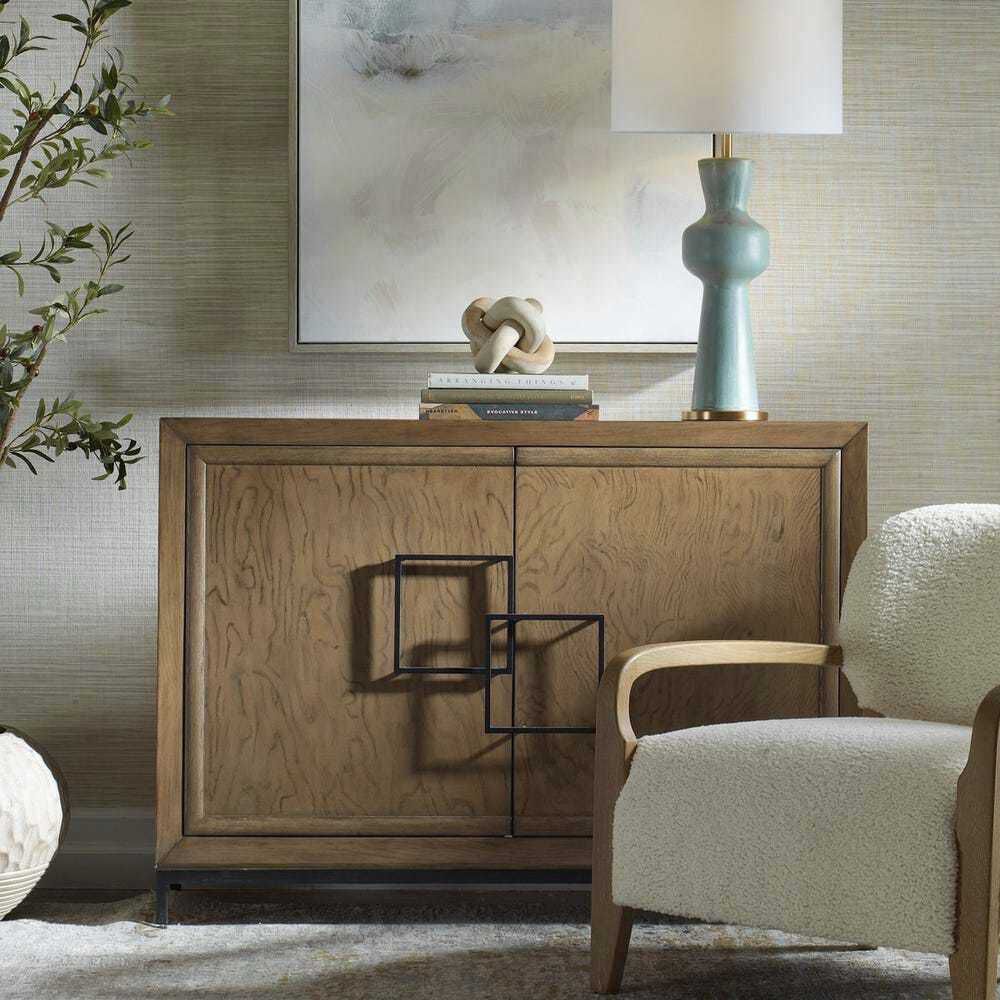 Paltrow Rich Burl Veneer and Oak Wood with Oil-Rubbed Bronze 2 Door Cabinet