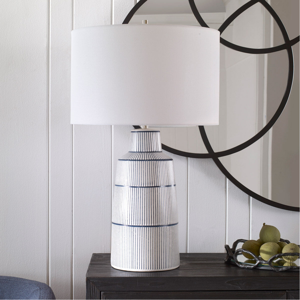 Breton 29 inch 150.00 watt Satin White Glaze with Navy Blue Stripes Table Lamp Portable Light