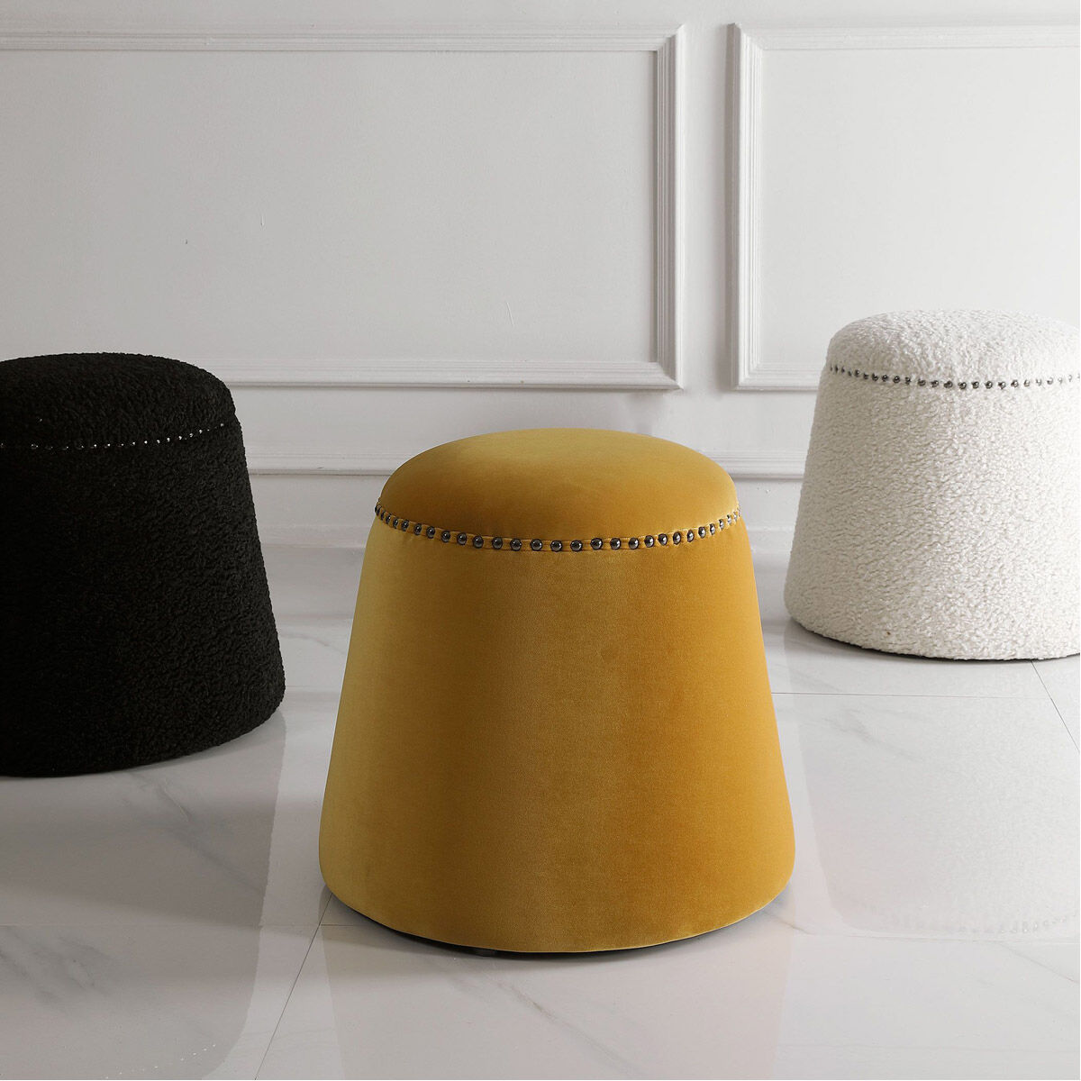 Gumdrop 17 inch Mustard Yellow Velvet and Black Nickel Ottoman