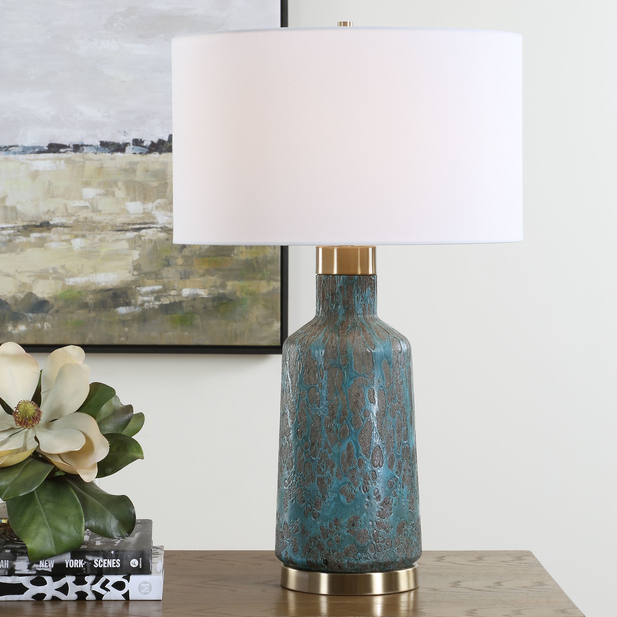 Dauphine 27.25 inch 150.00 watt Teal Glaze and Antique Brass Table Lamp Portable Light