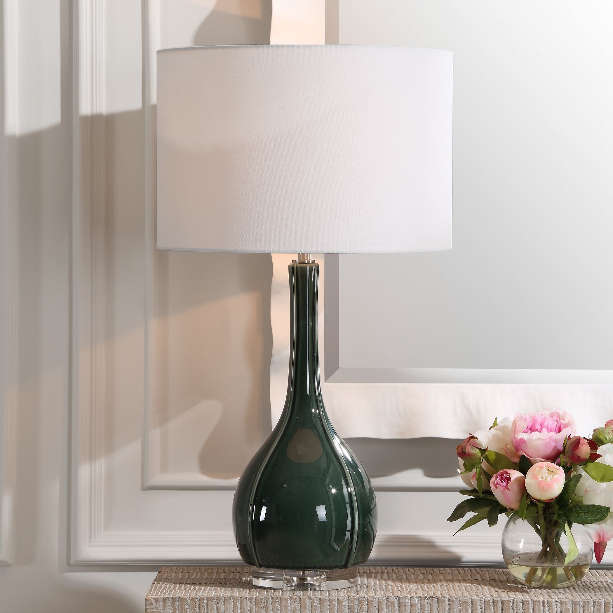Essex 27.25 inch 150.00 watt Hunter Green Crackled Glaze with Brushed Nickel and Crystal Table Lamp Portable Light