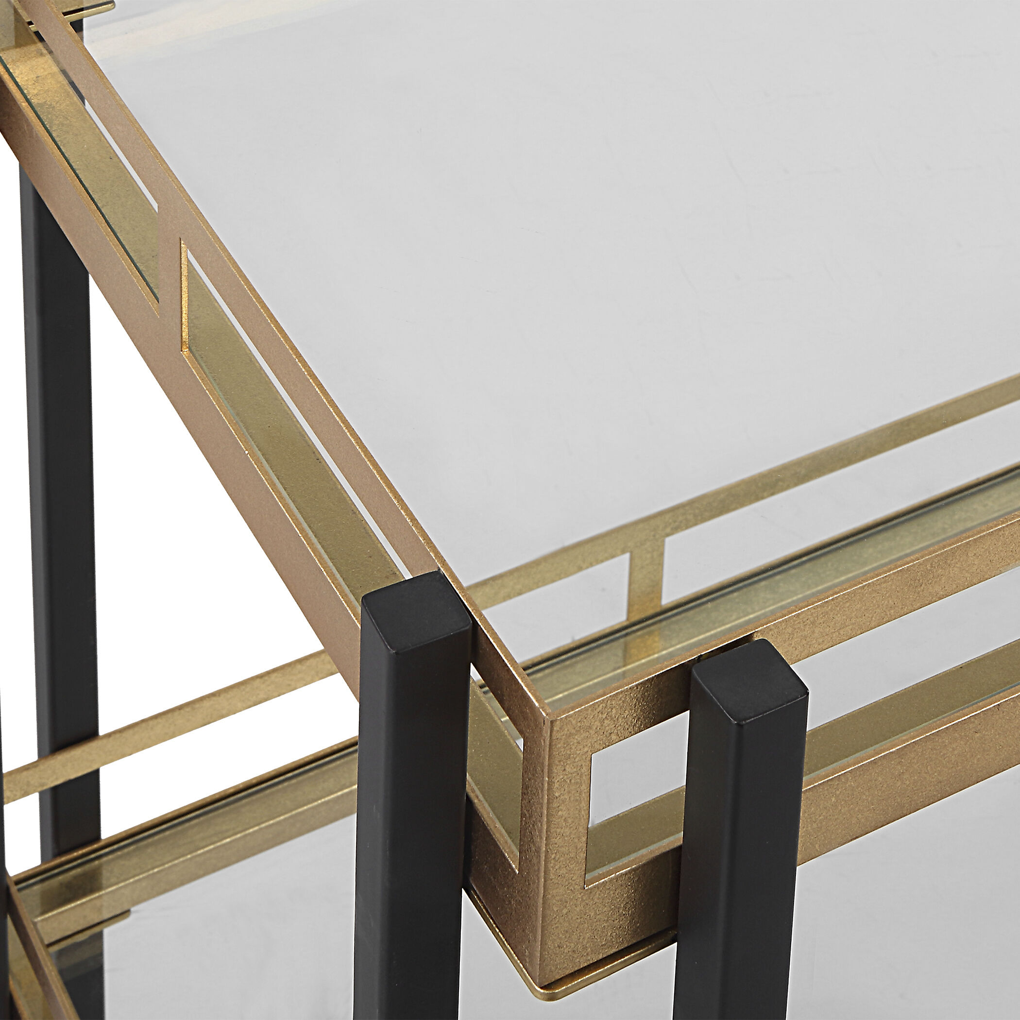 Kentmore Matte Black and Brushed Gold with Clear Glass Bar Cart
