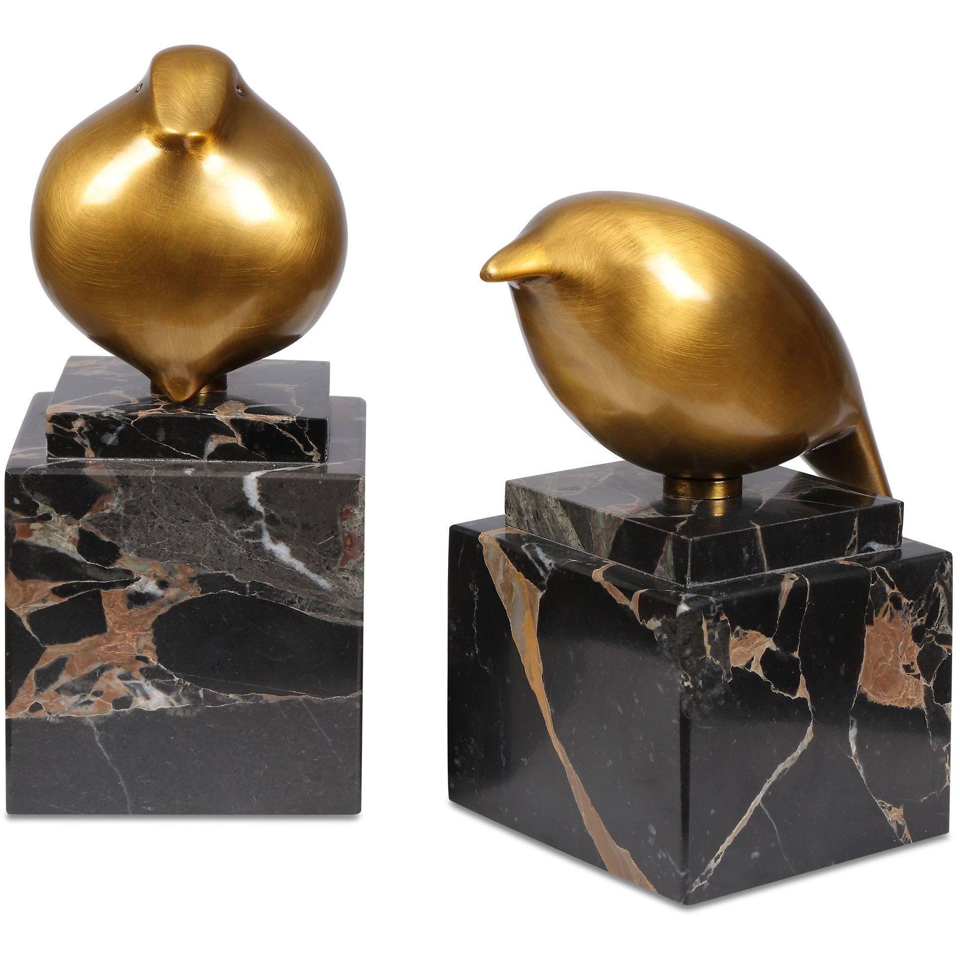 Golden Finch Brass and Black Marble Bird Figurines, Set of 2