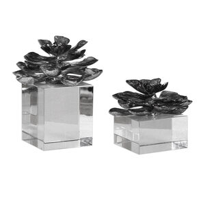 Indian Lotus Metallic Silver Flowers Accents, Set of 2