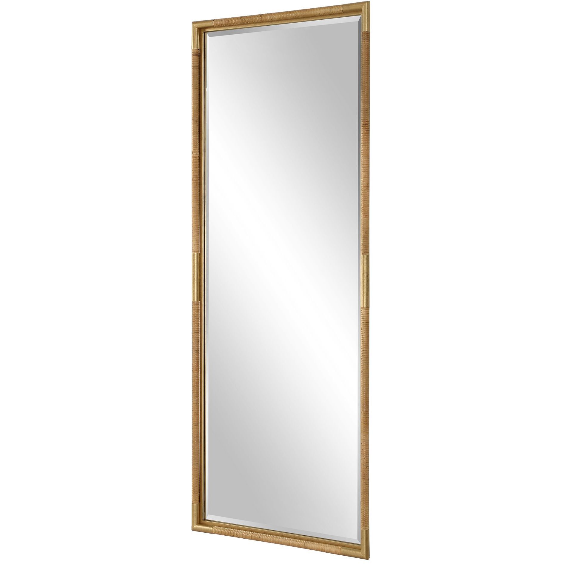 Kampar 73.63 X 29.5 inch Antiqued Gold and Natural Rattan Full Length Mirror