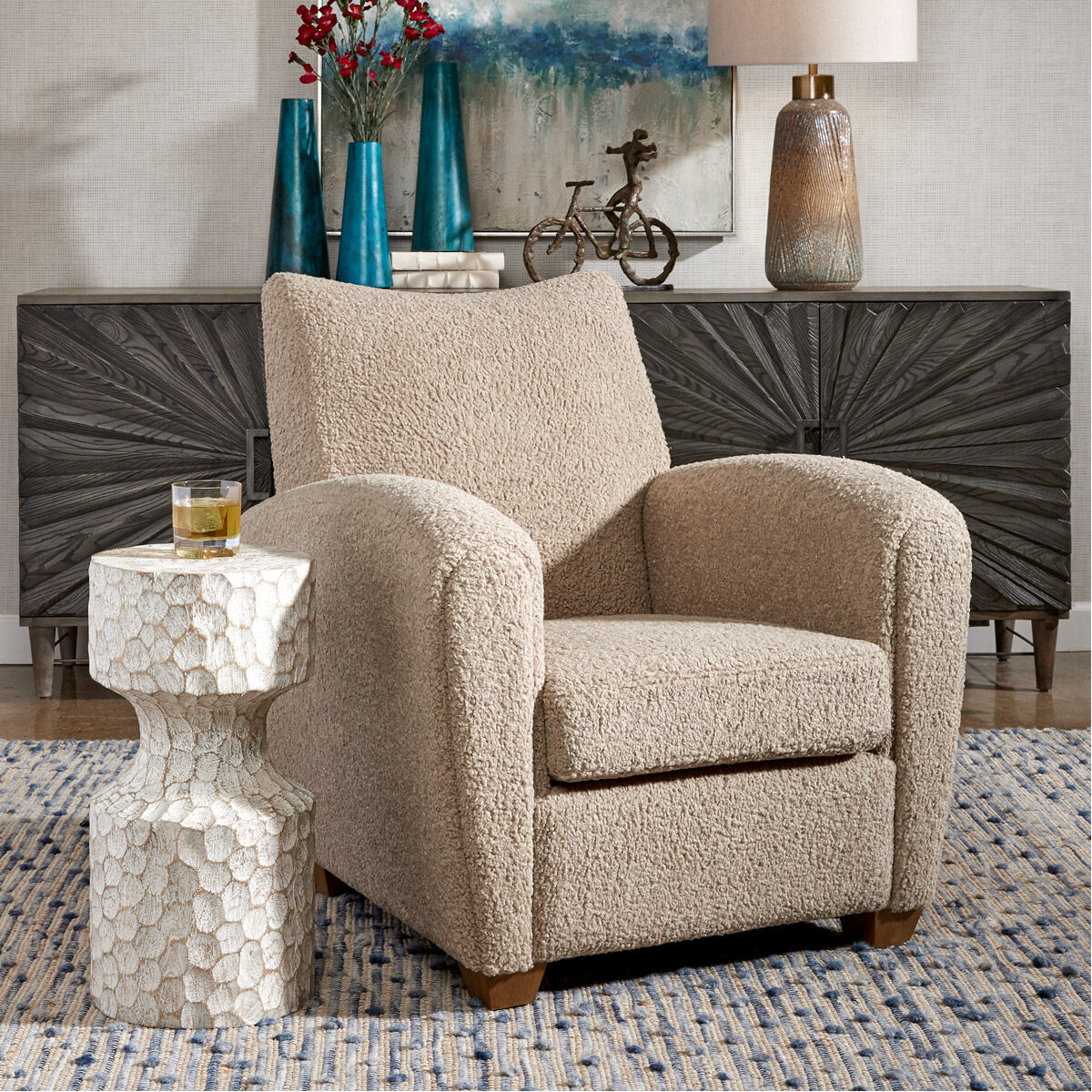 Teddy Latte Toned Faux Shearling and Walnut Stained Wood Accent Chair