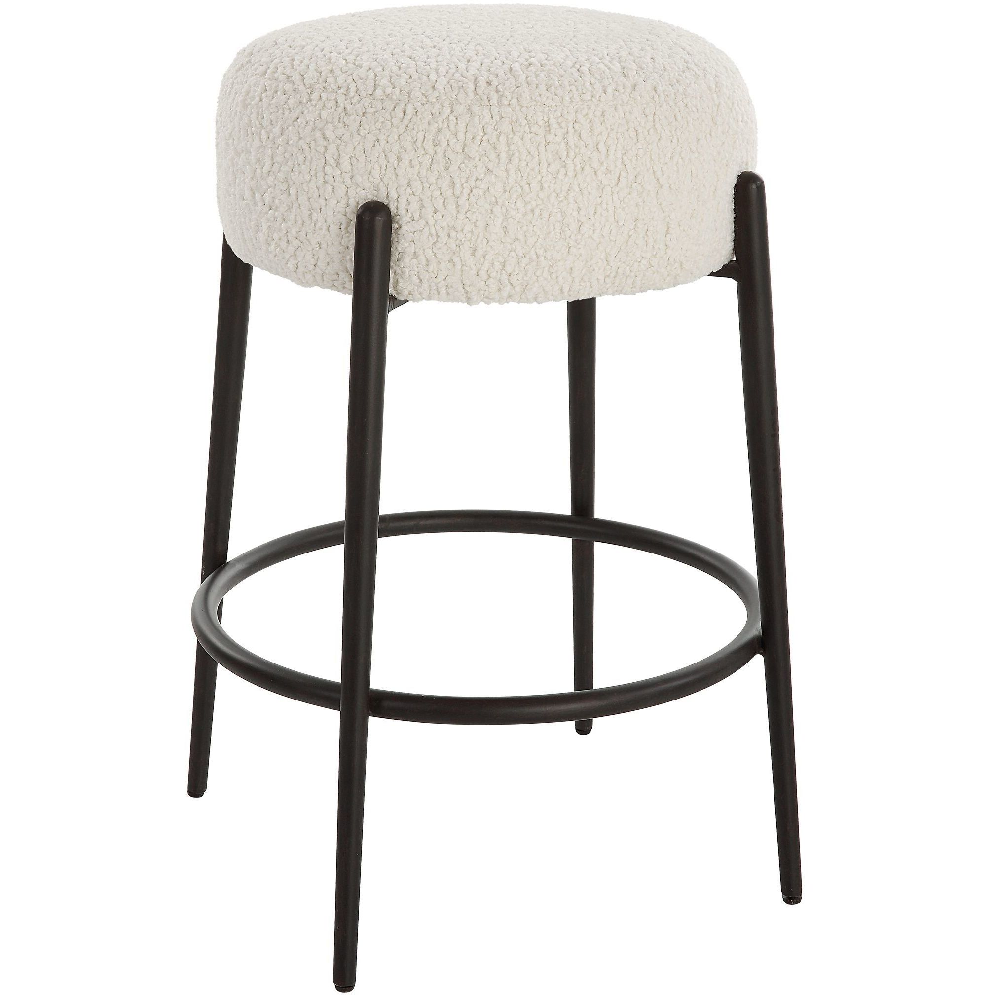 Arles 26 inch White Faux Shearling and Satin Black Counter Stool