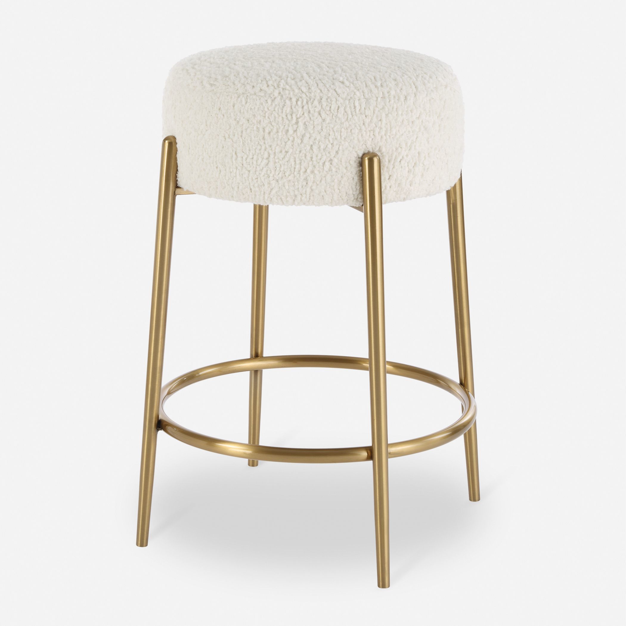 Arles 26 inch White Faux Shearling with Brushed Brass Counter Stool