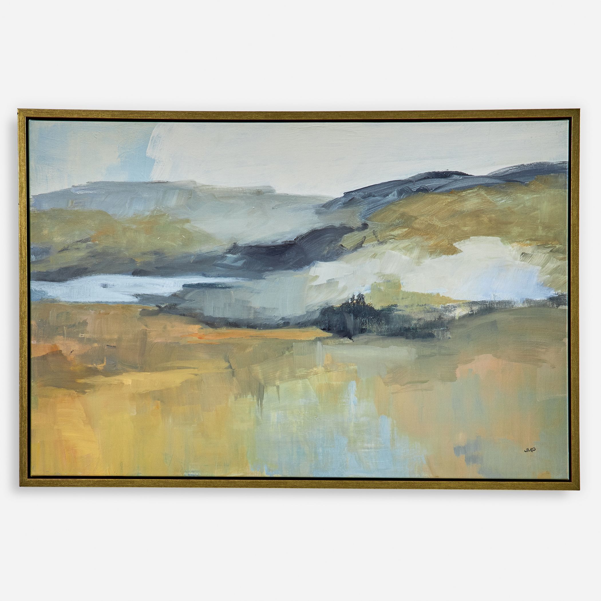 Folded Hills Cool Sky Blue and Honey Yellow Framed Landscape Art